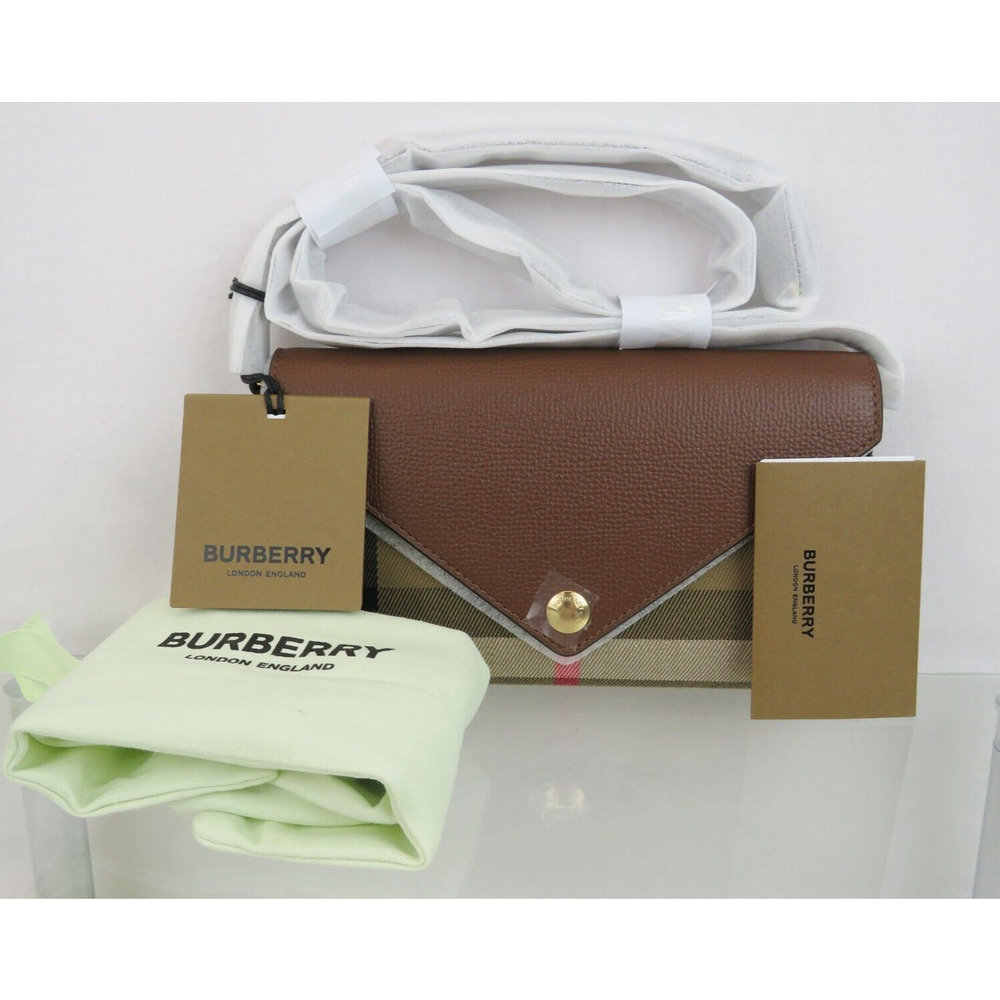 $910 NWT BURBERRY HANNAH TAN LEATHER CANVAS CHECK SHOULDER STRAP CLUTCH BAG - Picture 2 of 16
